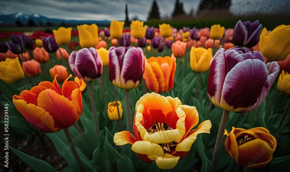  a field full of colorful tulips under a cloudy sky in a park in the evening time, with a dark sky i