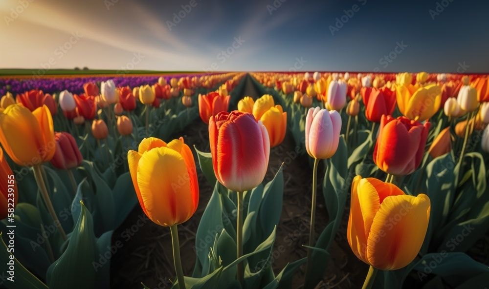  a field of colorful tulips with a blue sky in the background of the picture is a field of red, yell