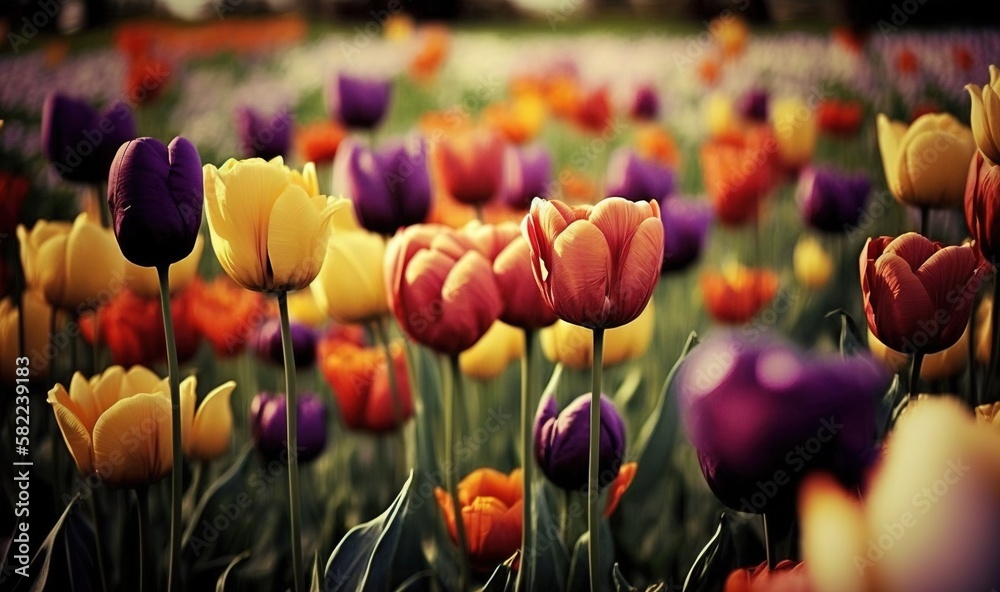  a field full of colorful tulips in the middle of the day with a sky in the background and a buildin