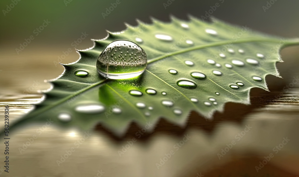  a green leaf with water droplets on its leaves and a blurry image of a leaf behind it with water d