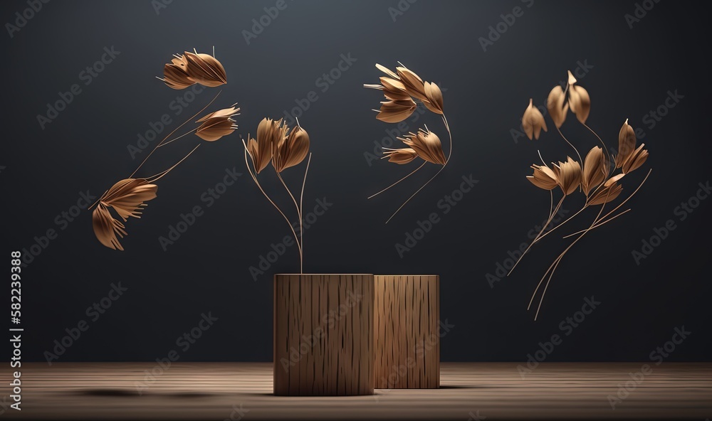  a wooden vase with dried flowers in it on a wooden table against a dark background with a spotlight