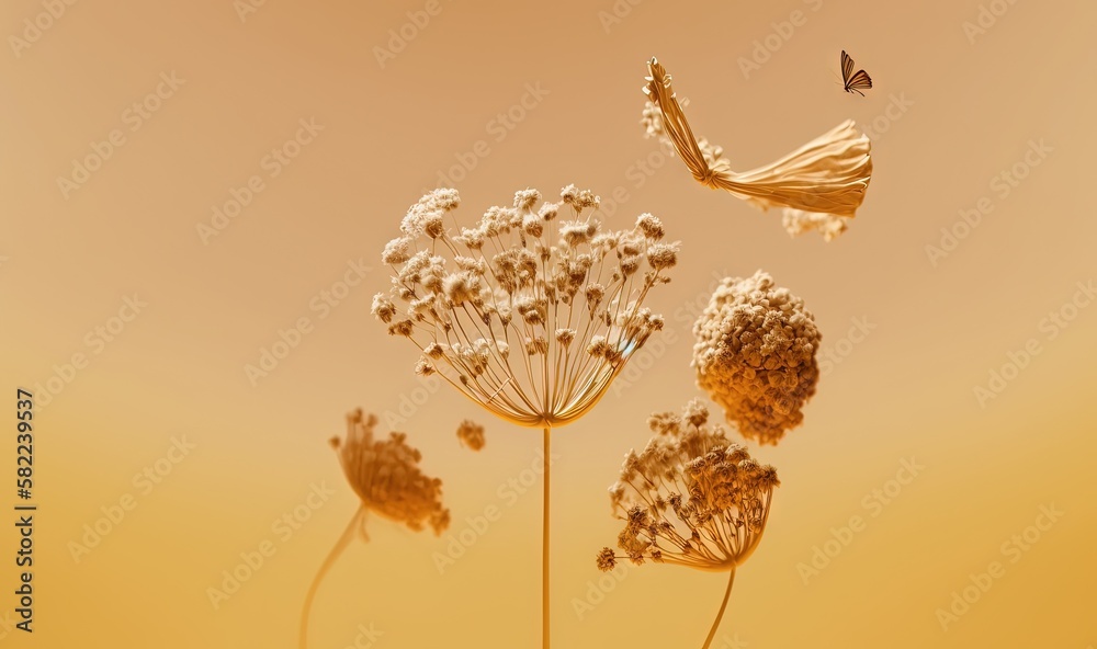  a butterfly flying over a bunch of flowers on a yellow background with a butterfly flying over the 