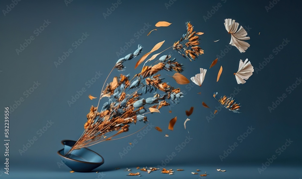  a blue vase with dried flowers in it and butterflies in the air above it on a blue background with 