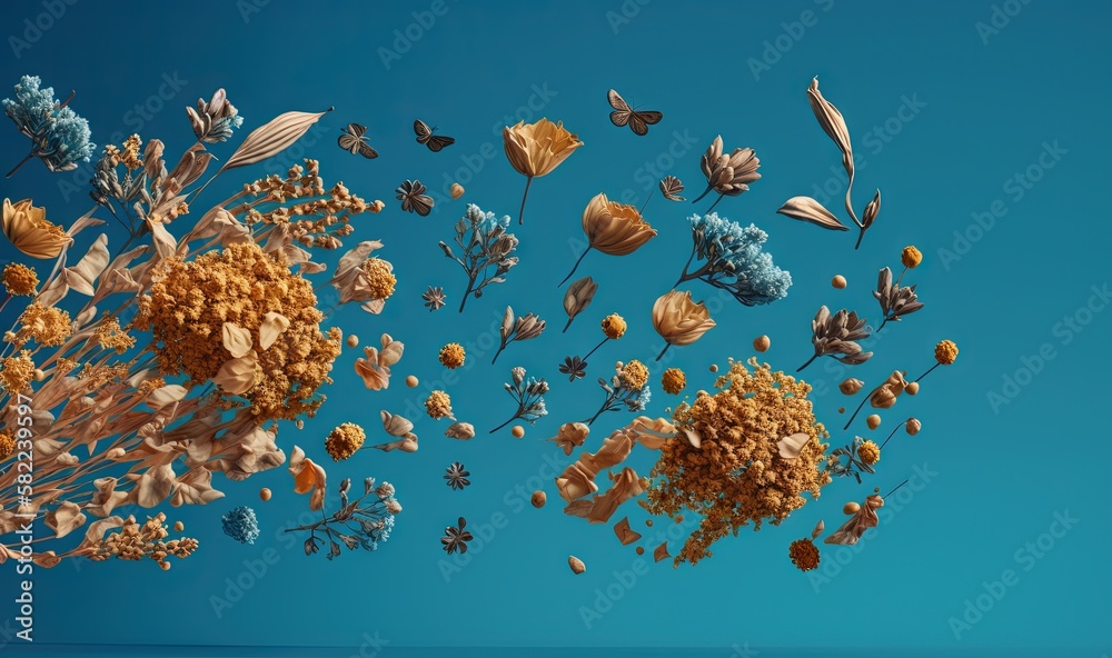  a bunch of flowers floating in the air with a blue sky in the background of the picture, with a few