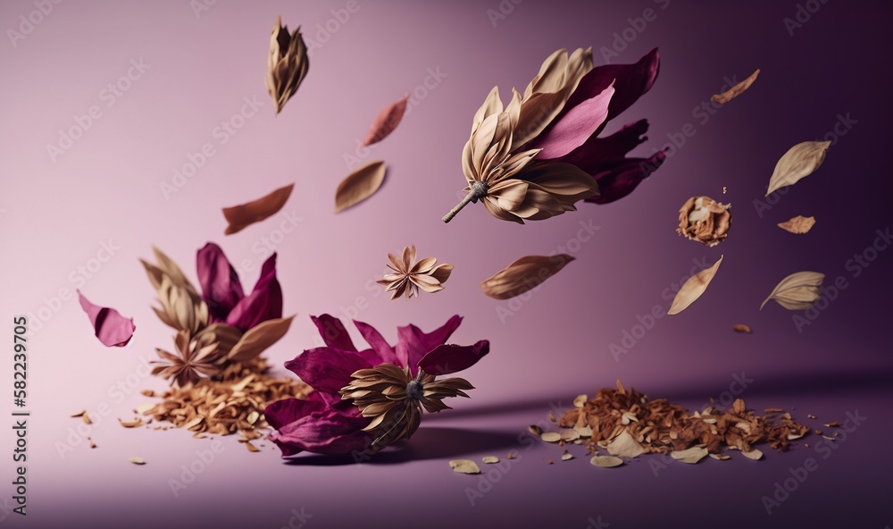  a bunch of dried flowers and leaves flying in the air over a pile of granola on a purple background