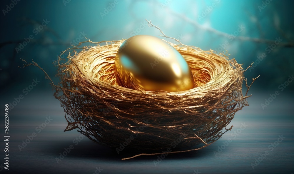  a golden egg sitting in a nest on top of a blue tablecloth covered tablecloth with a tree branch in