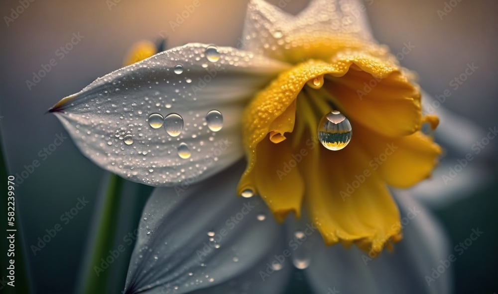  a close up of a flower with water droplets on its petals and a green stem in the foreground with a