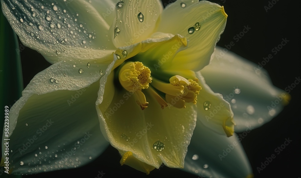  a close up of a flower with water droplets on its petals and a green stem with a black back ground