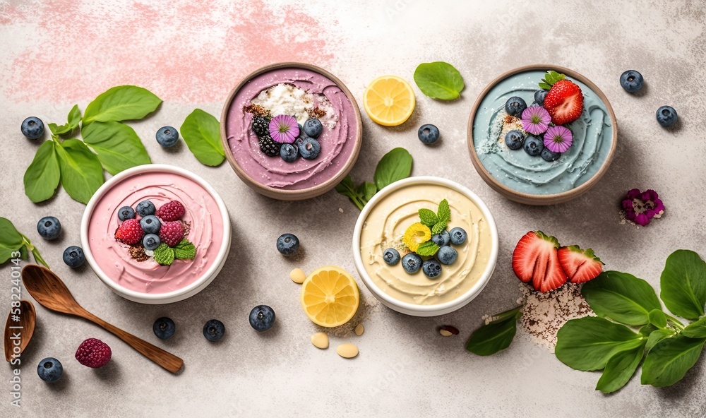  three bowls filled with different types of desserts on a white surface with leaves and berries arou