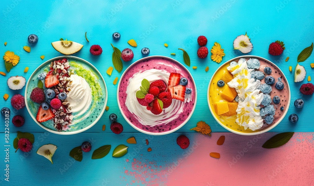  three bowls of fruit and yogurt on a blue table with leaves and flowers around them on a pink and b