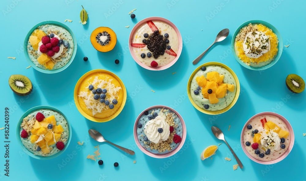  a table topped with bowls of food next to a fork and spoon on top of a blue tablecloth covered in f