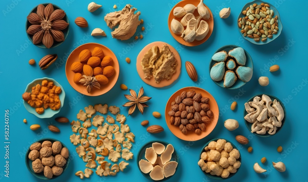  a variety of nuts and nutshells in bowls on a blue surface with a star anise on the top of the bowl