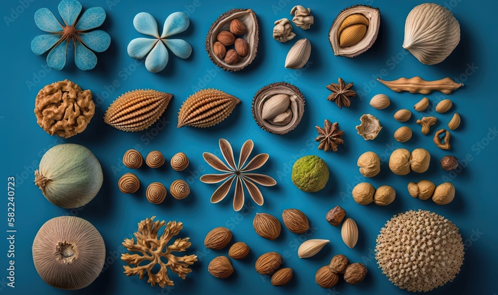  a collection of different types of shells on a blue surface with a flower and a starfish on top of 