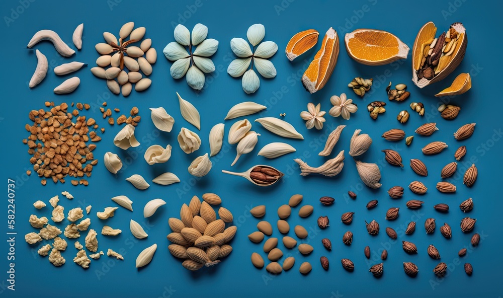  a variety of nuts and seeds on a blue background, including oranges, almonds, almonds, and pistachi