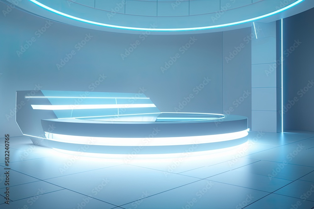 A podium or stage with a white futuristic background is empty. Interior design idea for the future. 