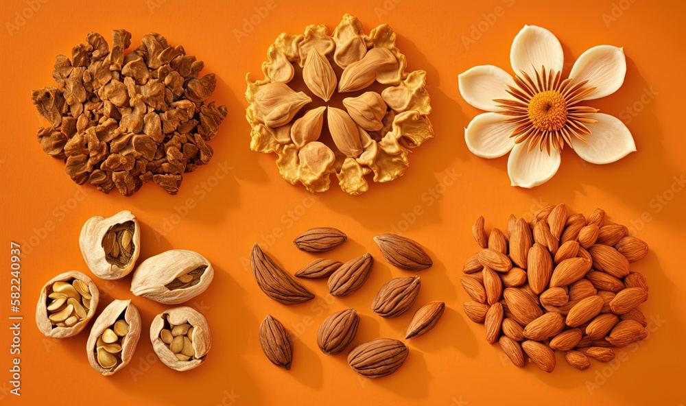  a variety of nuts and flowers on an orange background with a flower in the middle of the image and 