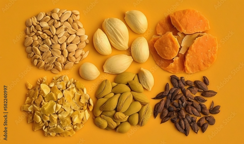  a variety of nuts and seeds on a yellow background, including pumpkin, pumpkin seeds, and pumpkin s