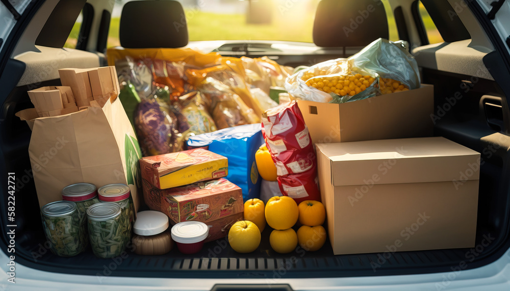 Doorstep Delivery: Trunk of Car Loaded with Fresh Food Products - ai generated