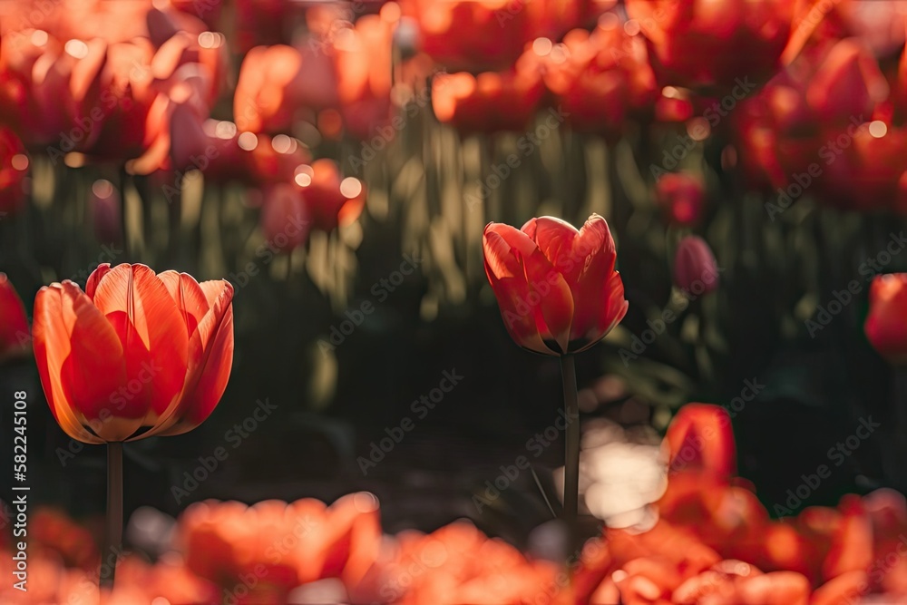 Background of natural flowers. Amazing nature scene of a close up, red blooming tulip landscape in a