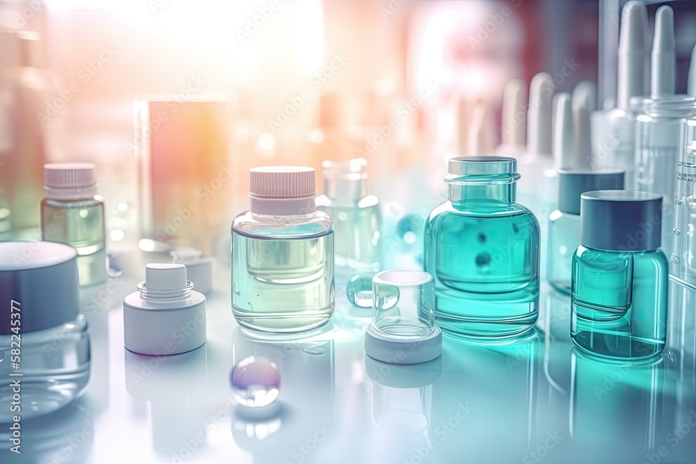 cosmetics factory in the abstract. laboratory research in chemistry. natural cosmetics. Generative A