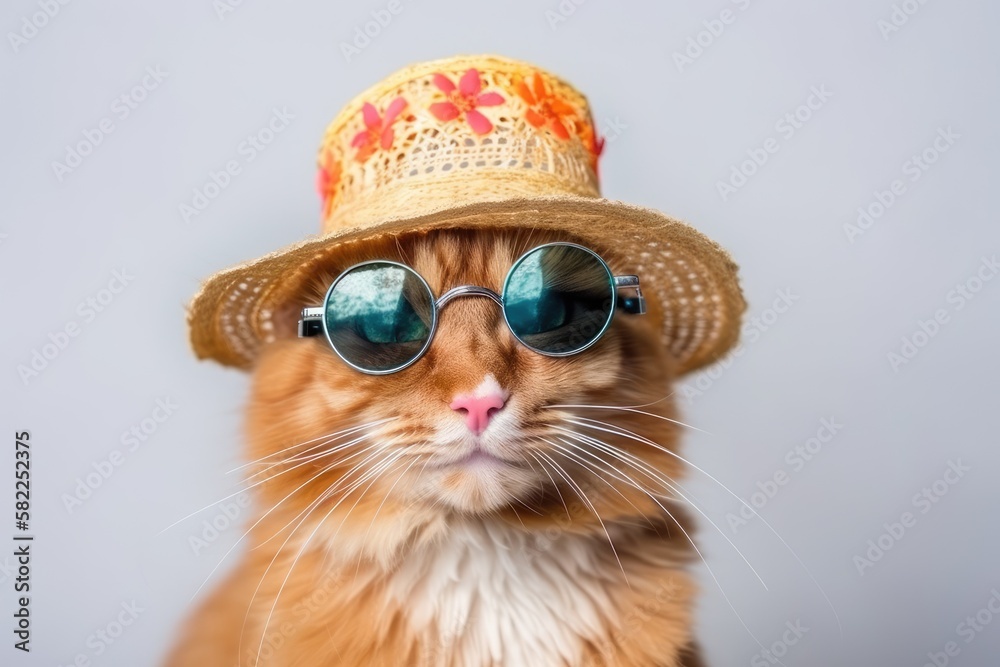 On a white background, a ginger cat wearing sunglasses and a sombrero symbolizes the idea of unwindi