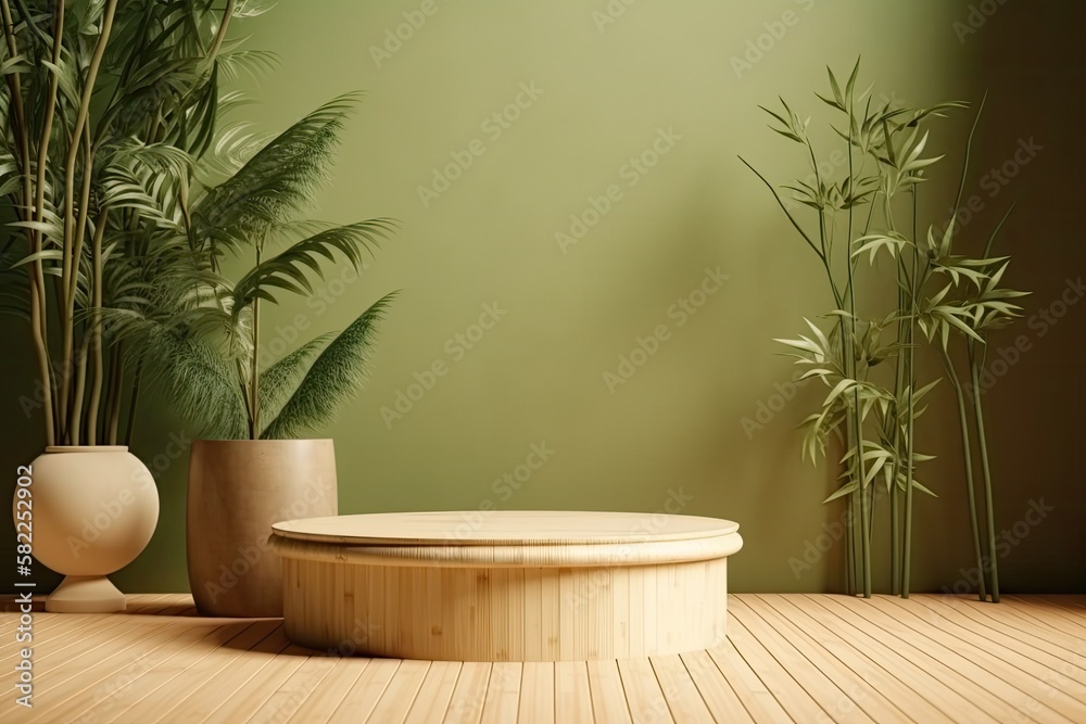 overlay display template background for natural beauty and wellness products. Beige wall, blank oak 