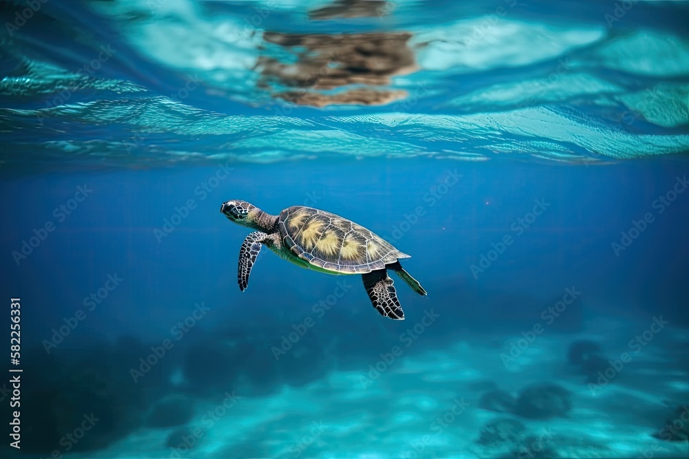 a tiny turtle flying through the ocean. Generative AI