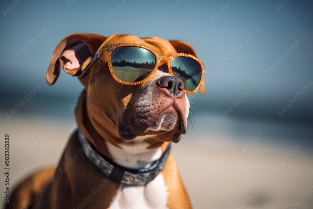 Cute puppy wearing sunglasses. Adorable staffordshire terrier smiling and posing with vintage eyewea