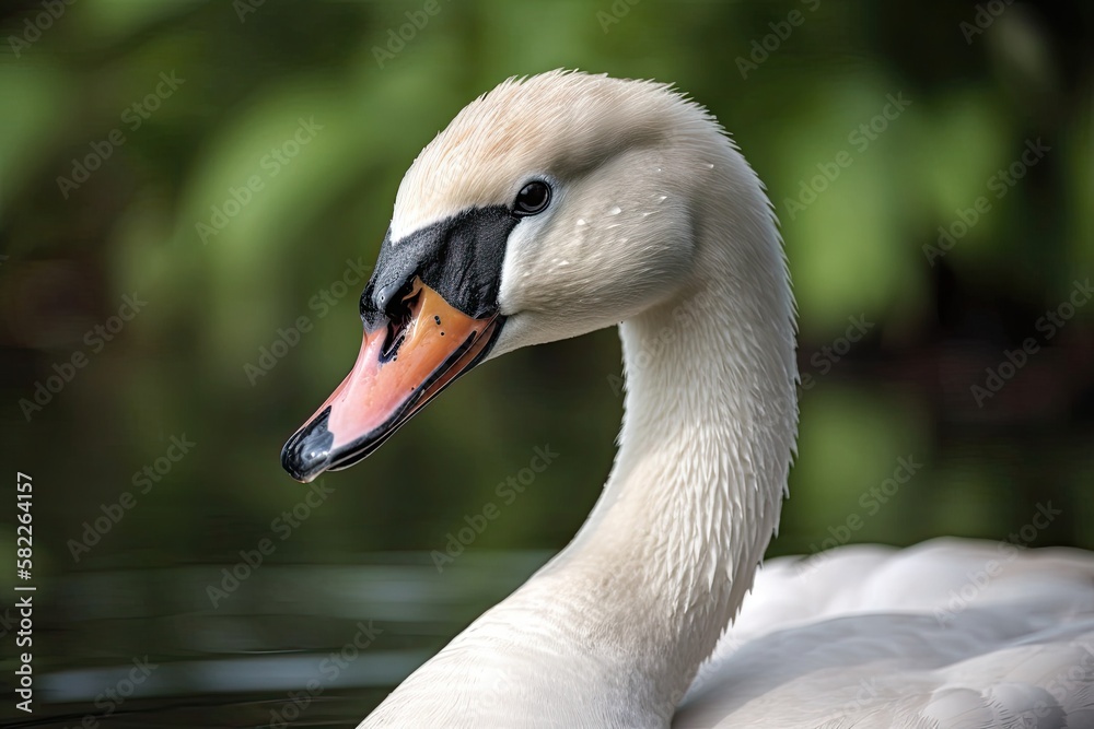 An mature swans head and neck against a background of natural greenery. Generative AI