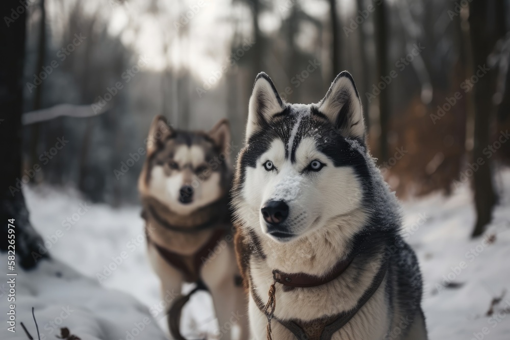 The two husky dogs competing in the snow. Generative AI