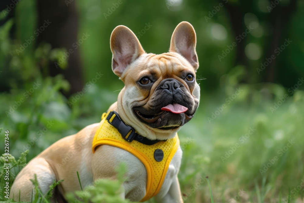 The dog has a collar or harness and is a yellow French bulldog. Green trees and blurry grass serve a