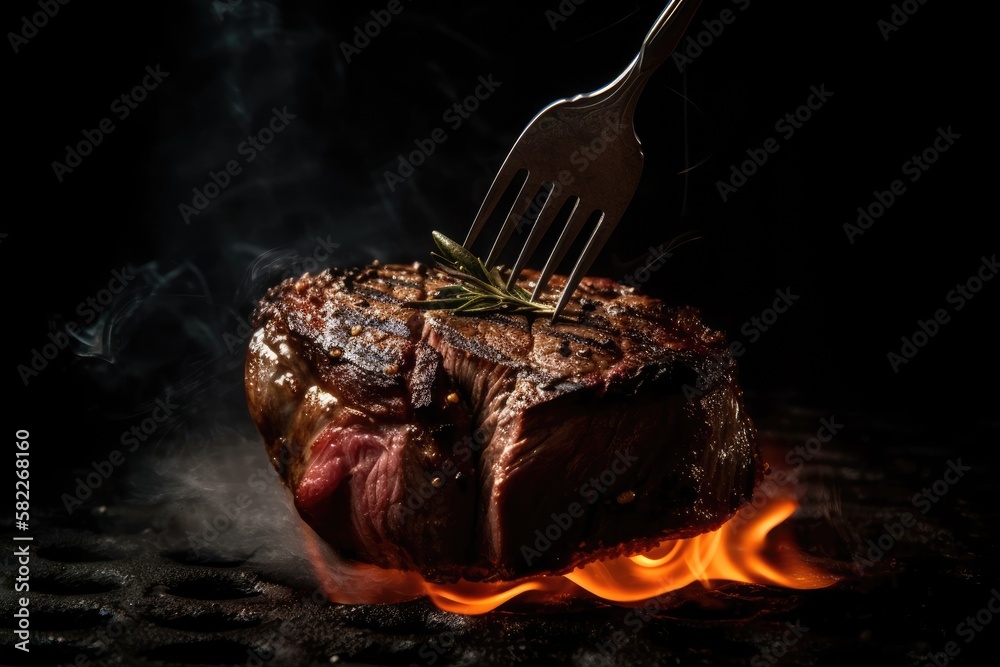 an iron fork holding a medium rare steak on a dark background. Sparks and fire coming up from below.