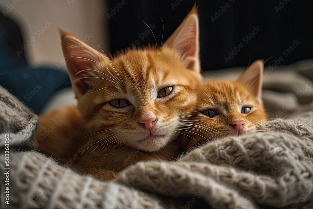 Cat kitten sleeping Ginger kitten on sofa with knit blanket covering it. Hugging and cuddling two ca