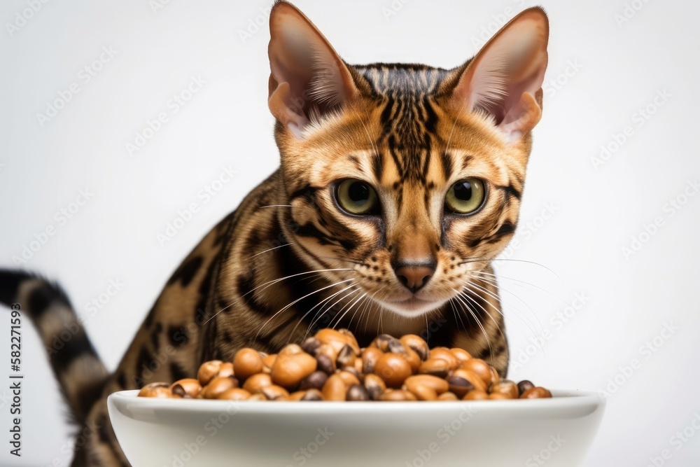 Bengal cat consuming meals. isolated against a white backdrop. Generative AI