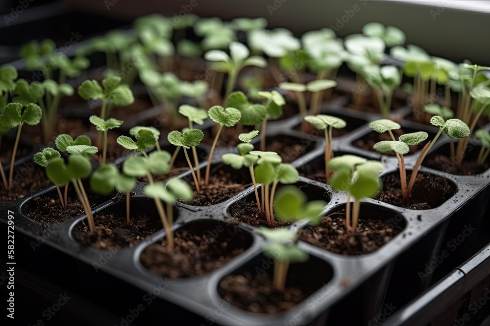 Early seedling that was raised from seeds on a windowsill at home. plants in peat moss pots. Black h