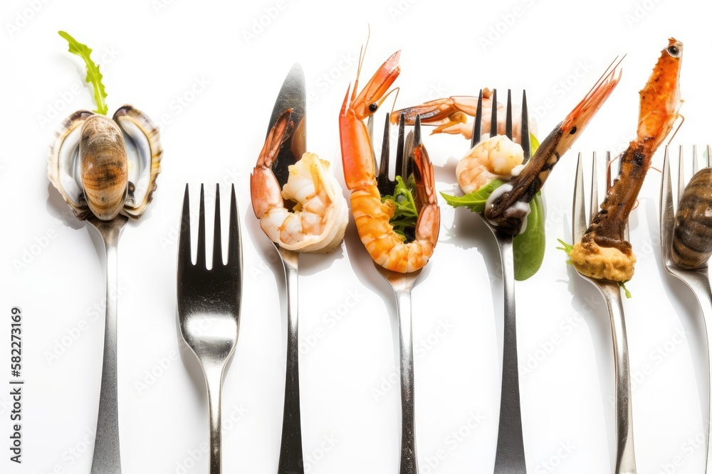 Variety of seafood appetizers on forks white background. Generative AI