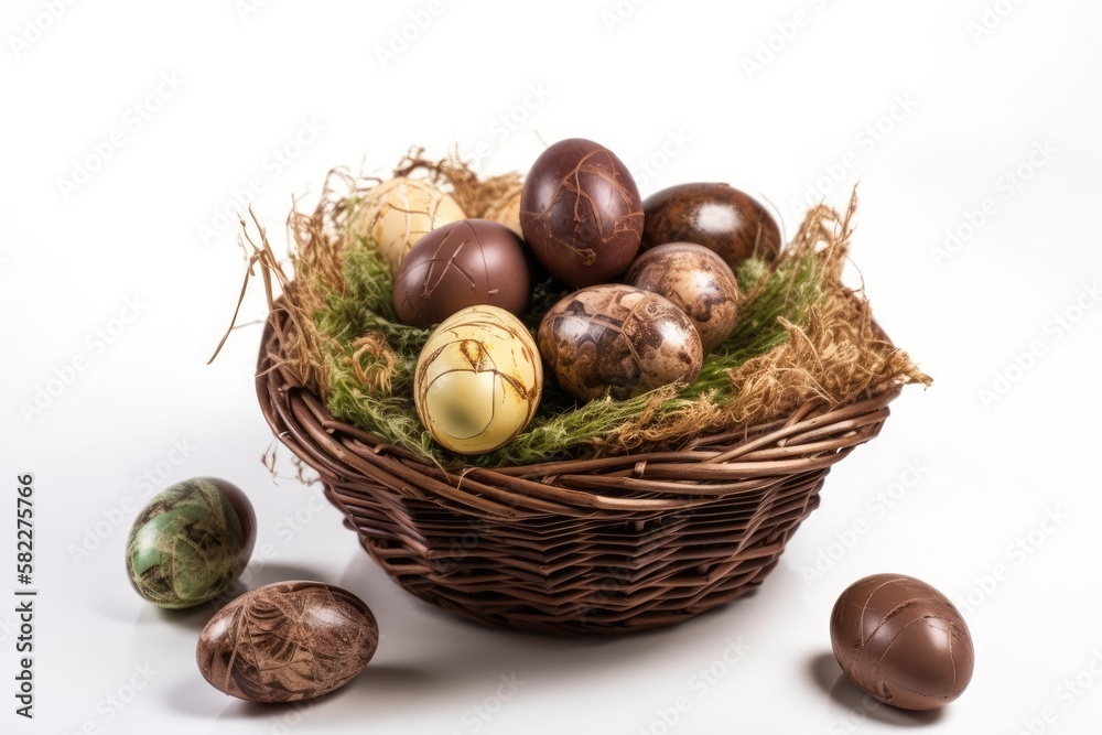 Isolated Easter eggs and basket. Generative AI