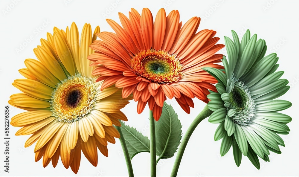  three colorful flowers with green leaves on a white background with a green center in the middle of