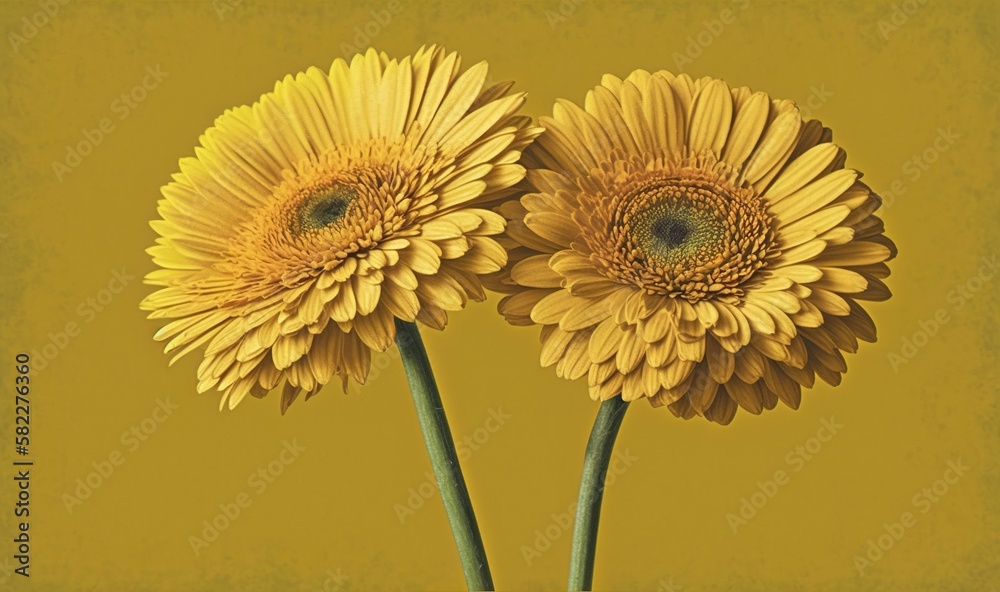  two yellow flowers are in a vase on a yellow background with a yellow background behind them and a 