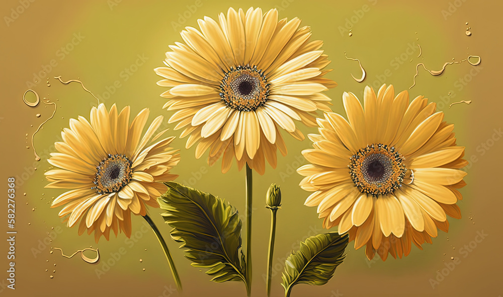  a painting of three sunflowers with water droplets on the petals and green leaves on the stems, on 