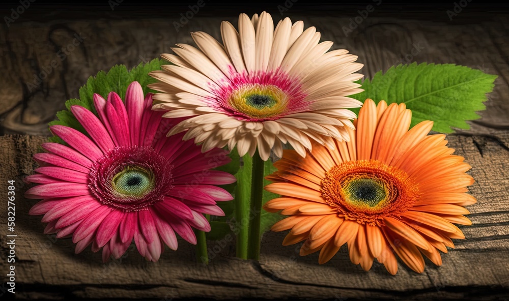  three colorful flowers with green leaves on a wooden surface with a black background and a wooden t