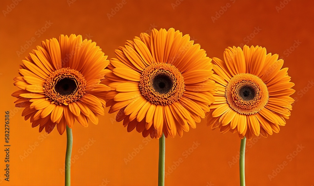  three sunflowers are in a row on a orange background with a black dot in the center of the picture 