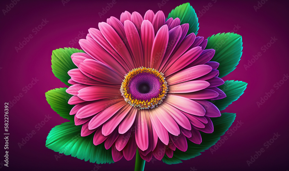  a pink flower with green leaves on a purple background with the words happy on the bottom of the fl