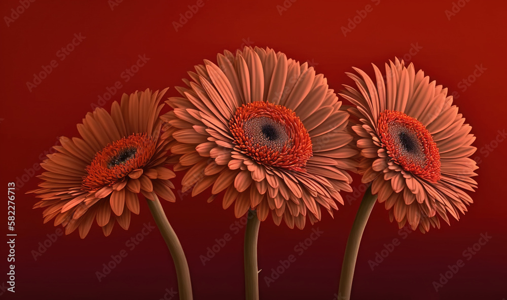  three red flowers with a red background and a red wall in the background with a red wall in the mid