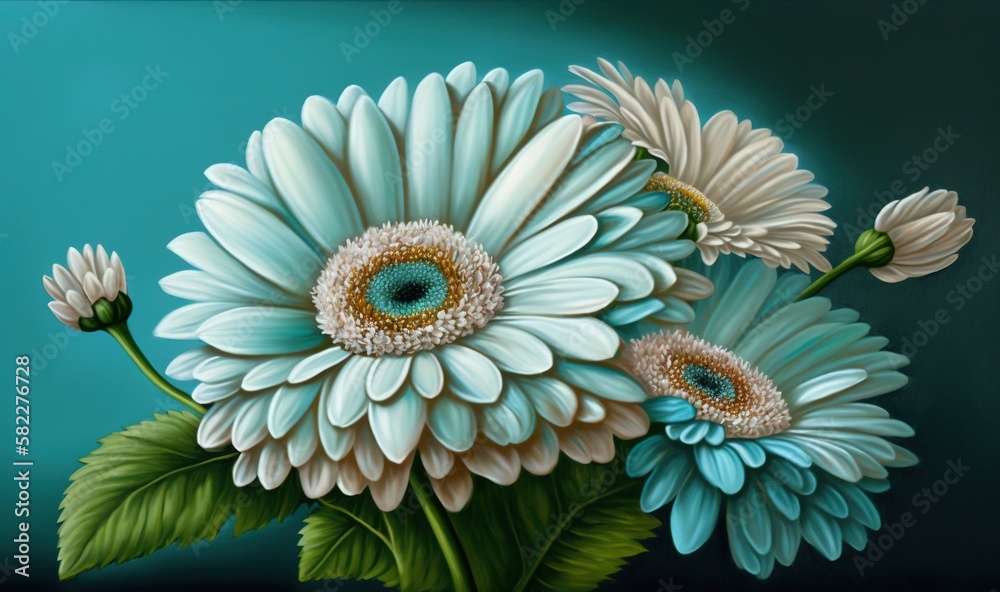  a painting of three white daisies with green leaves on a blue background with a green center and a 