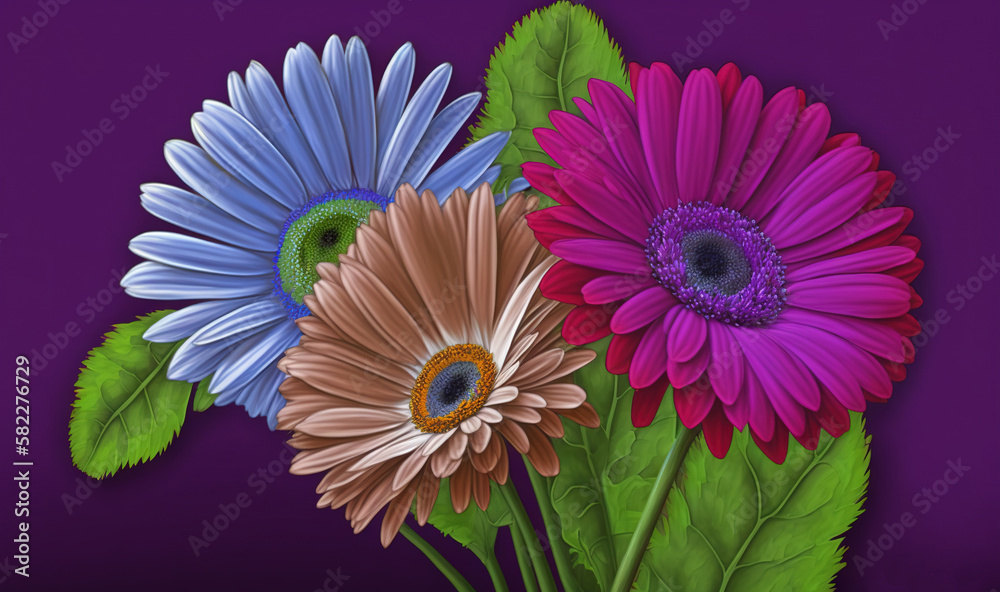  a painting of three colorful flowers with green leaves on a purple background with the words happy 