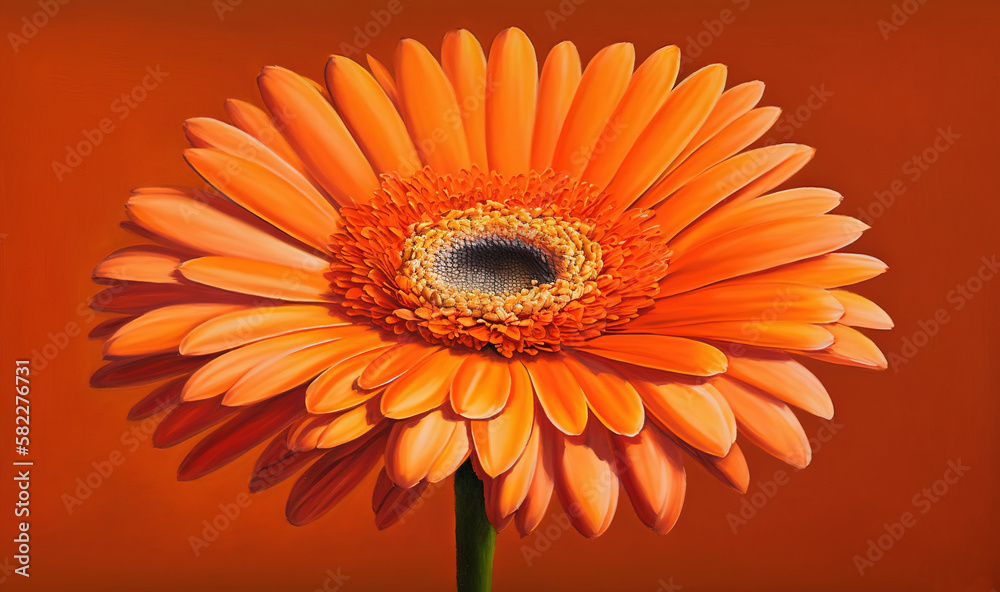  an orange flower with a black center on an orange background with a black center on the center of t