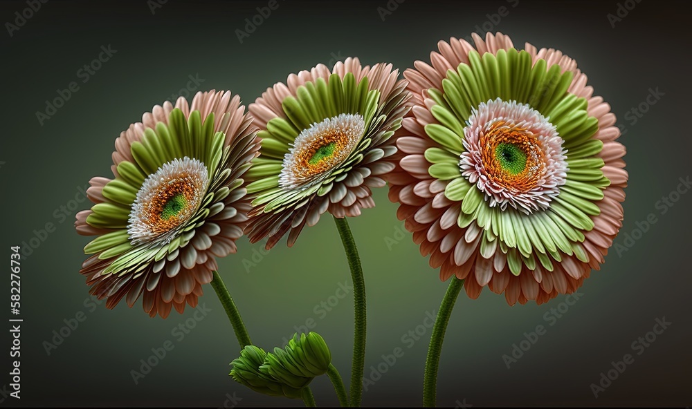  a group of three flowers with a green center on a black background with a green center on the cente