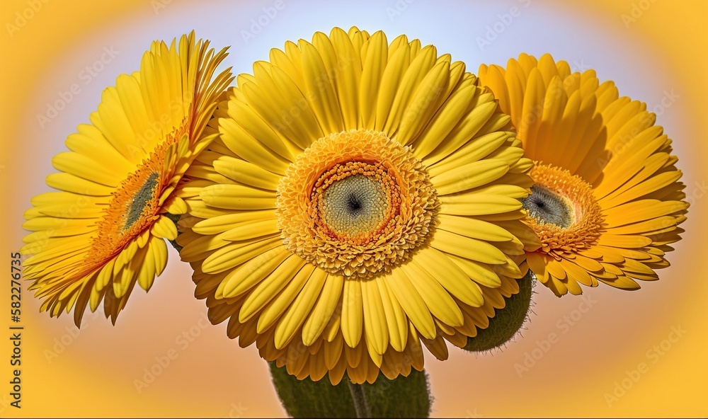  three yellow flowers with a blue sky in the background of the image is a yellow background and a bl