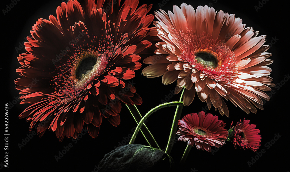  a close up of a bunch of flowers on a black background with a black background and a red and white 